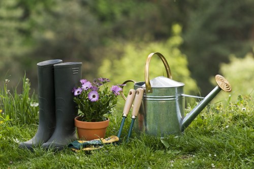 The image shows a neatly maintained garden area with a lush green lawn in the foreground, bordered by a variety of plants and grass typical of a residential outdoor space. In the center, there is a pair of black rubber gardening boots positioned upright on the grass. Nearby, a terracotta pot filled with purple and white flowering plants adds colour to the scene. Adjacent to the pot, a small set of garden tools, including a pair of pruning shears and hand trowels, rest on the grass. To the right, a galvanized metal watering can with a curved spout and a wooden handle is placed, with a bundle of garden shears or similar tools nestled against it. The background reveals a blurred view of trees and natural foliage, suggesting a tranquil, landscaped garden setting in Hayes, suitable for gardening and outdoor maintenance services. The scene appears to be captured on a bright day with natural light enhancing the vibrant colours and textures of the garden elements, emphasizing the importance of outdoor care and lawn maintenance.